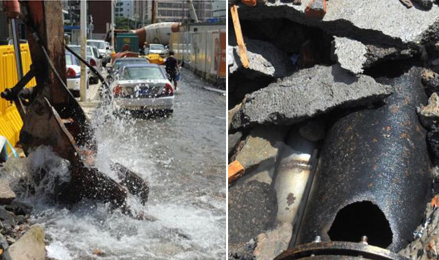 管网施工挖破自来水管道 水喷两层楼高百米道路成河